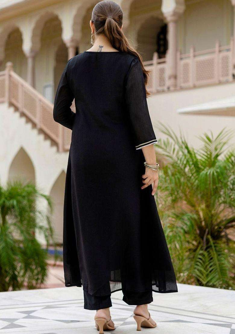 Black Embroidered Chinon Kurta Set - Indya