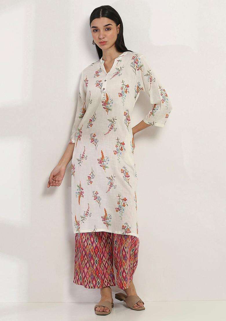 White Printed Viscose Kurta Set - Indya