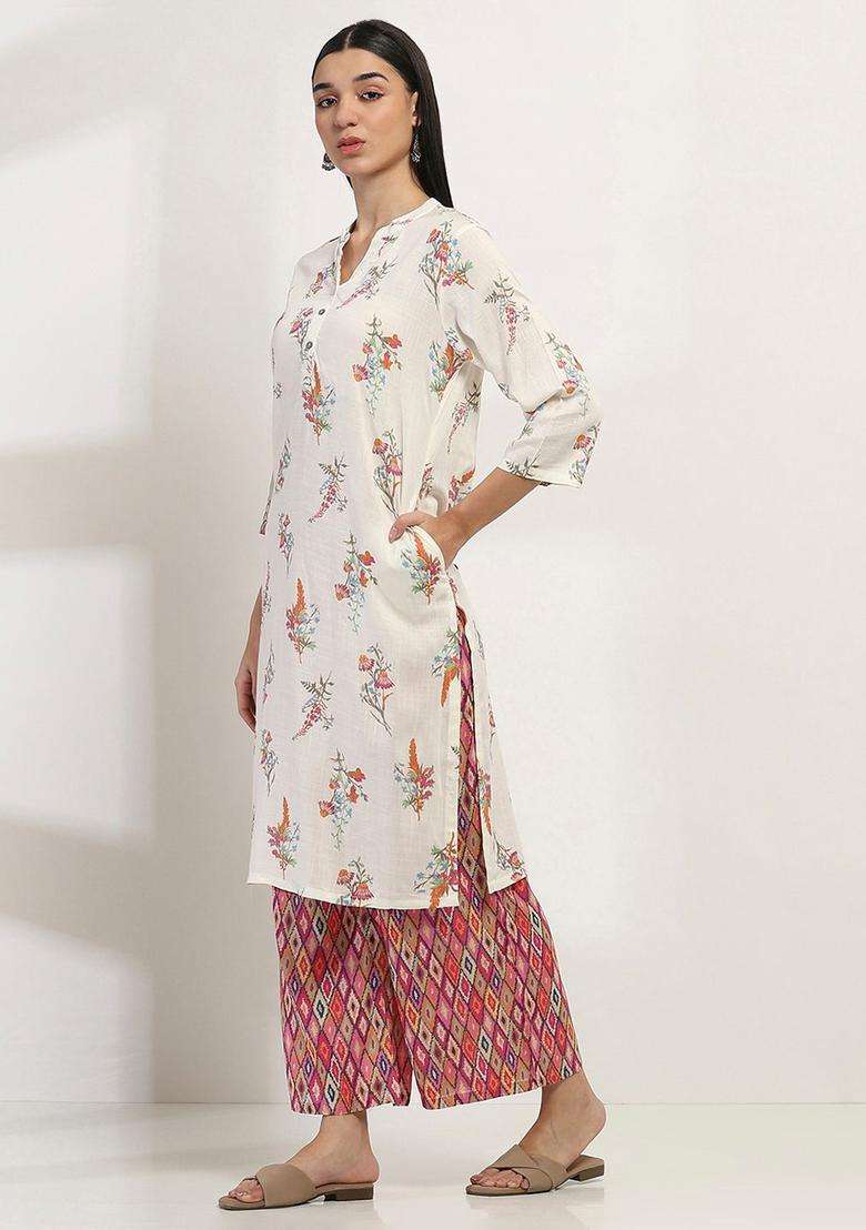 White Printed Viscose Kurta Set - Indya