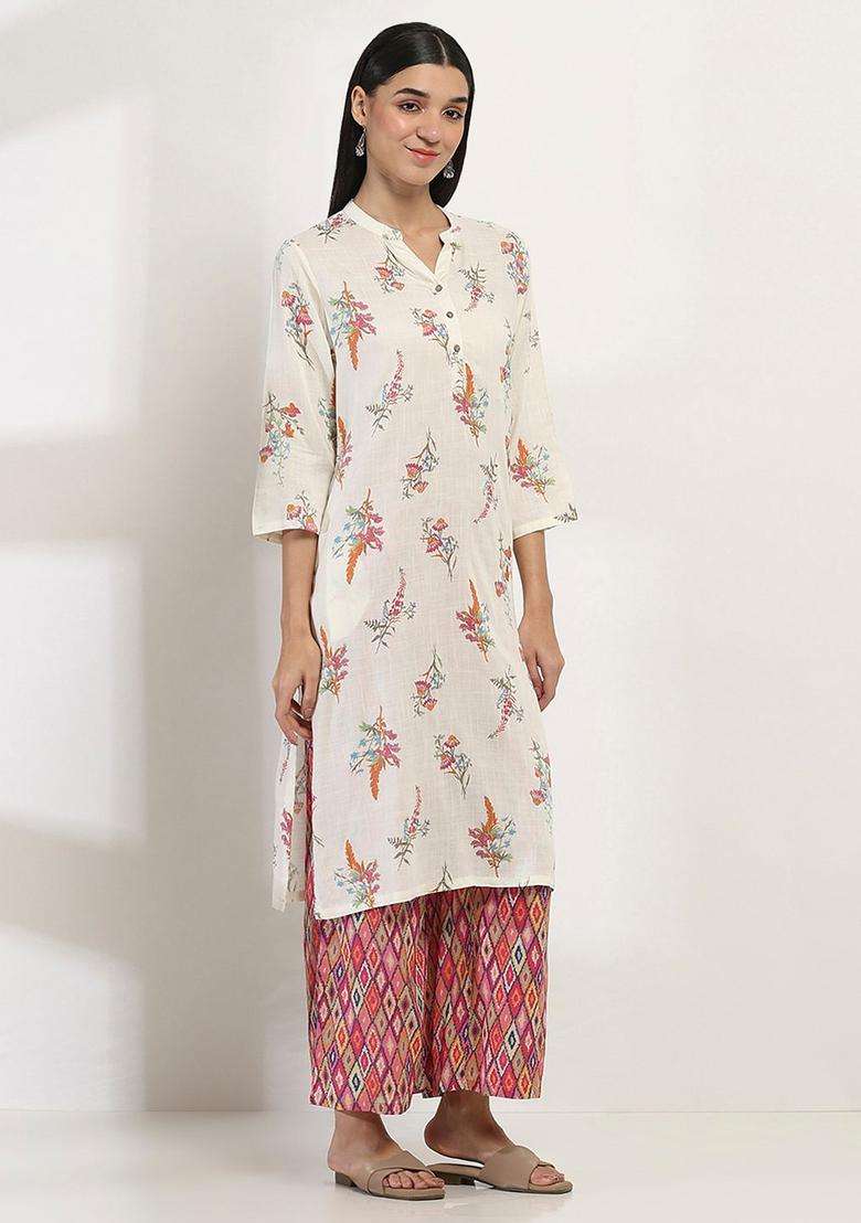White Printed Viscose Kurta Set - Indya