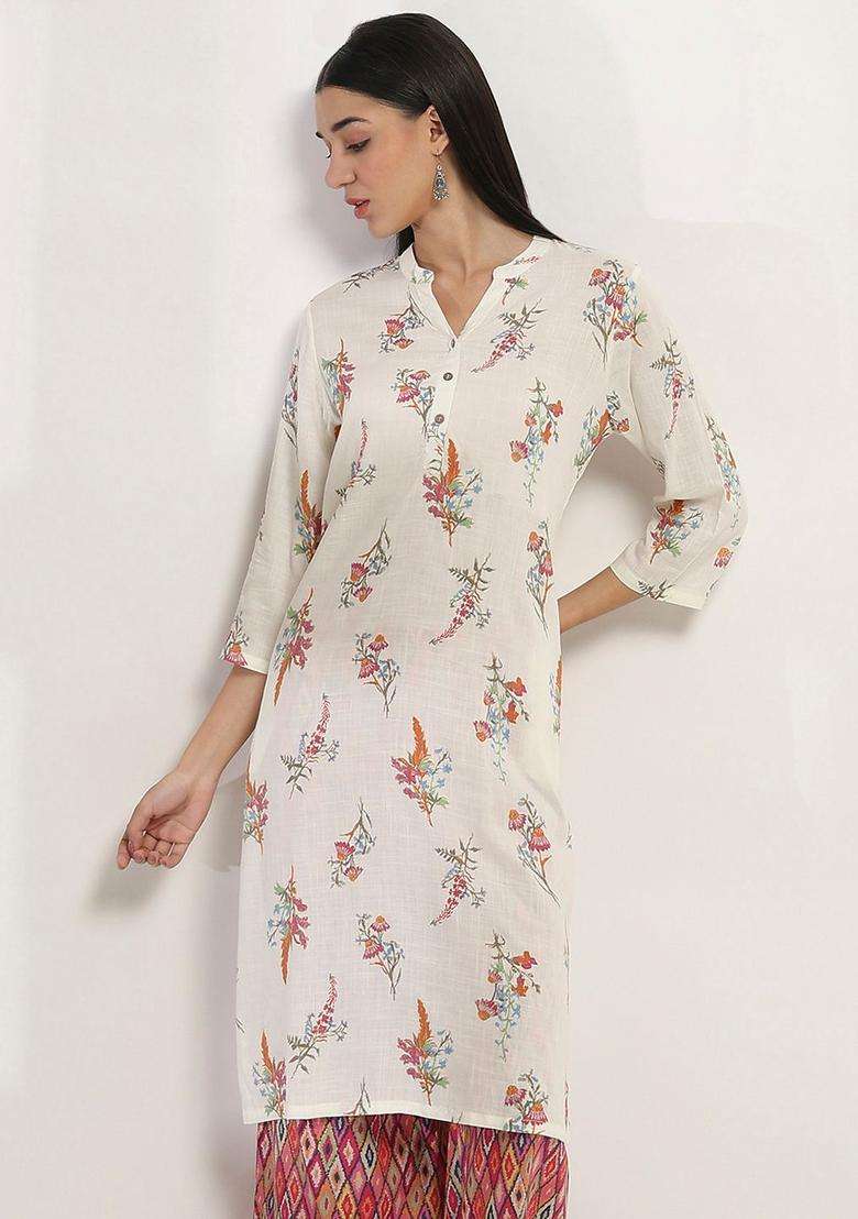 White Printed Viscose Kurta Set - Indya