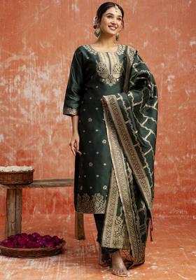 Green Woven Design Silk Blend Kurta Set