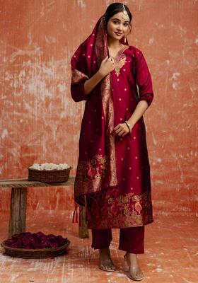 Maroon Woven Design Silk Blend Kurta Set