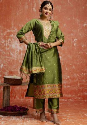 Green Woven Design Silk Blend Kurta Set