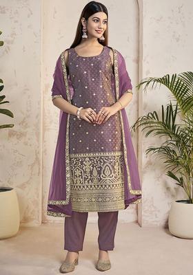 Mauve Embroidered Silk Blend Kurta Set