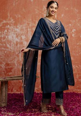 Teal Embroidered Viscose Kurta Set