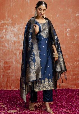 Teal Woven Design Silk Blend Kurta Set