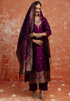 Purple Woven Design Silk Blend Kurta Set