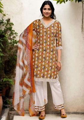 Mustard Embroidered Cotton Kurta Set