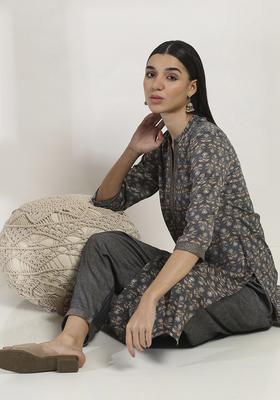 Grey Printed Viscose Kurta Set