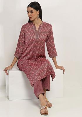 Maroon Printed Viscose Kurta Set