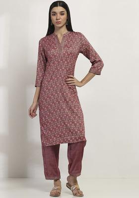Maroon Printed Viscose Kurta Set