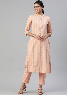 Peach Printed Cotton Kurta Set
