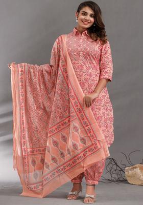 Peach Printed Cotton Kurta Set