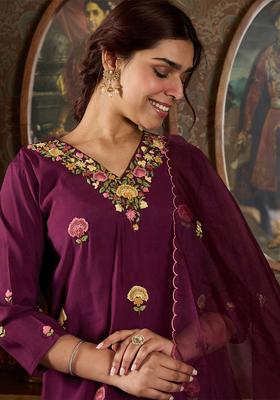 Burgundy Embroidered Silk Blend Kurta Set