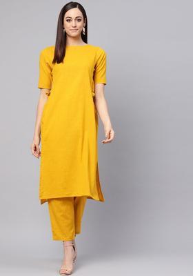 Mustard Solid Cotton Kurta Set