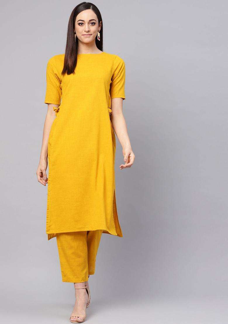 Mustard Solid Cotton Kurta Set - Indya