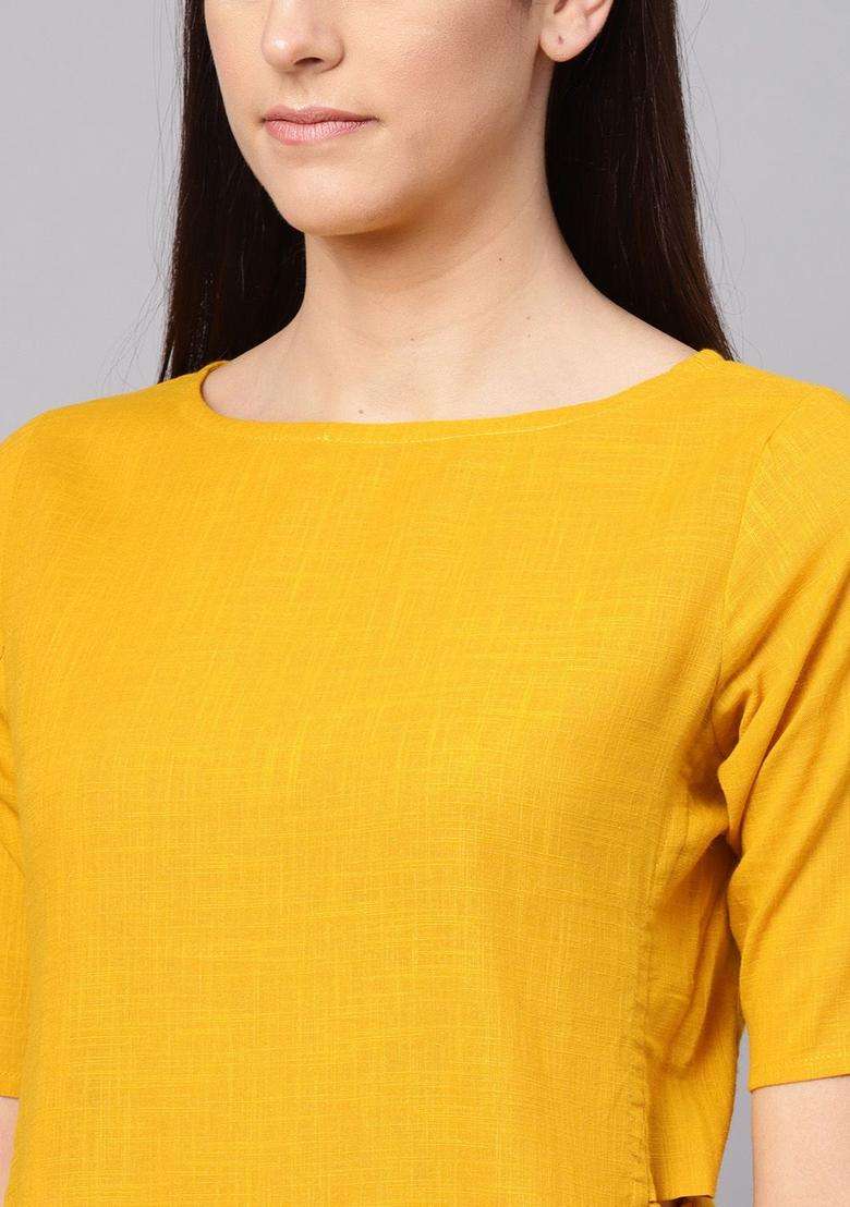 Mustard Solid Cotton Kurta Set - Indya
