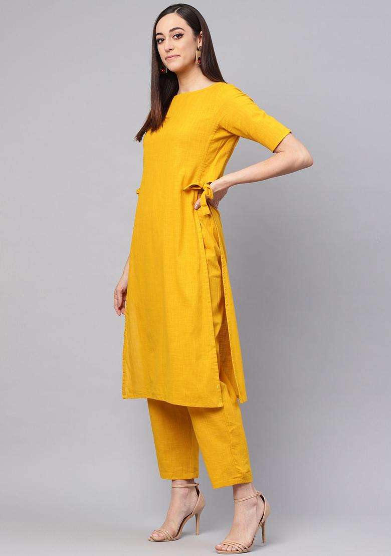 Mustard Solid Cotton Kurta Set - Indya