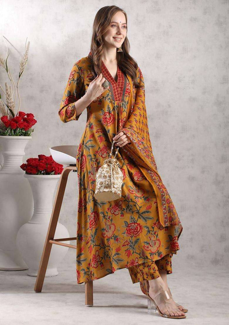 Yellow Printed Viscose Anarkali Set - Indya