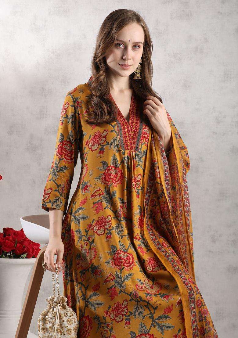 Yellow Printed Viscose Anarkali Set - Indya