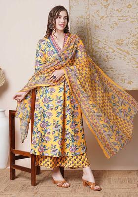 Yellow Printed Viscose Anarkali Set