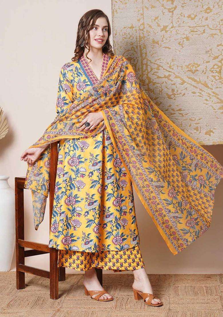 Yellow Printed Viscose Anarkali Set - Indya