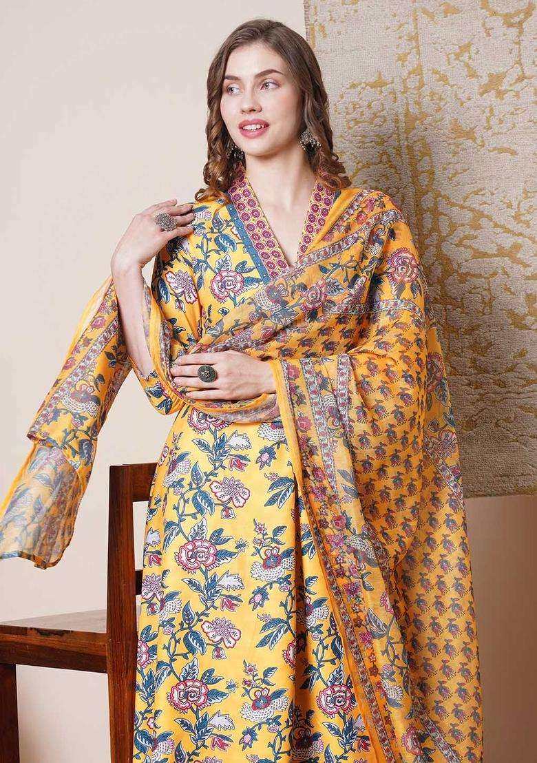 Yellow Printed Viscose Anarkali Set - Indya