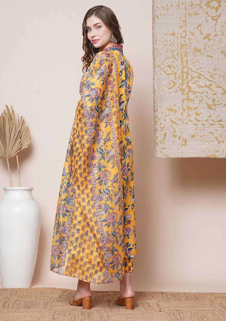 Yellow Printed Viscose Anarkali Set - Indya