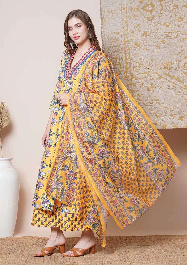 Yellow Printed Viscose Anarkali Set - Indya