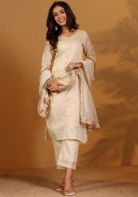 Beige Embroidered Chanderi Kurta Set
