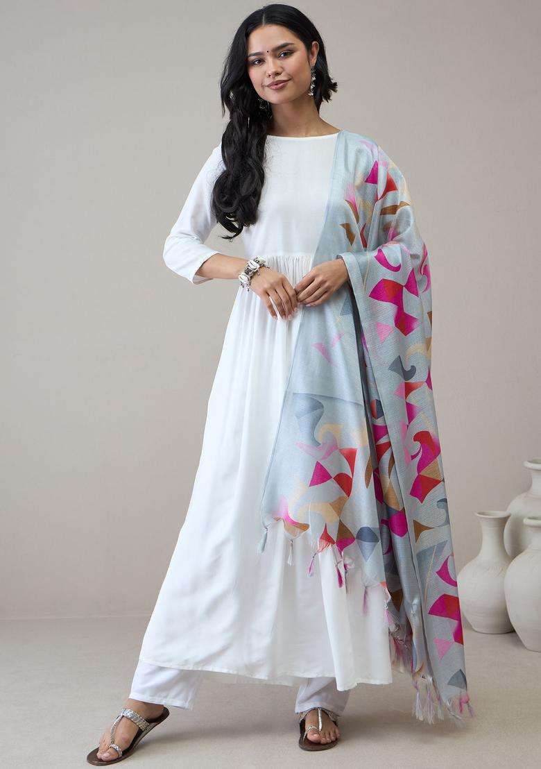 White Solid Viscose Kurta Set - Indya