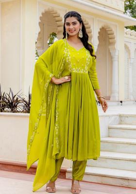 Lime Green Embroidered Chinon Kurta Set