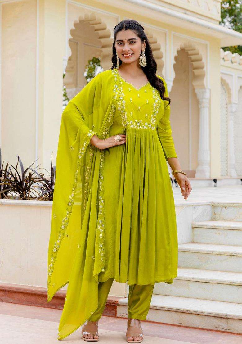 Lime Green Embroidered Chinon Kurta Set - Indya