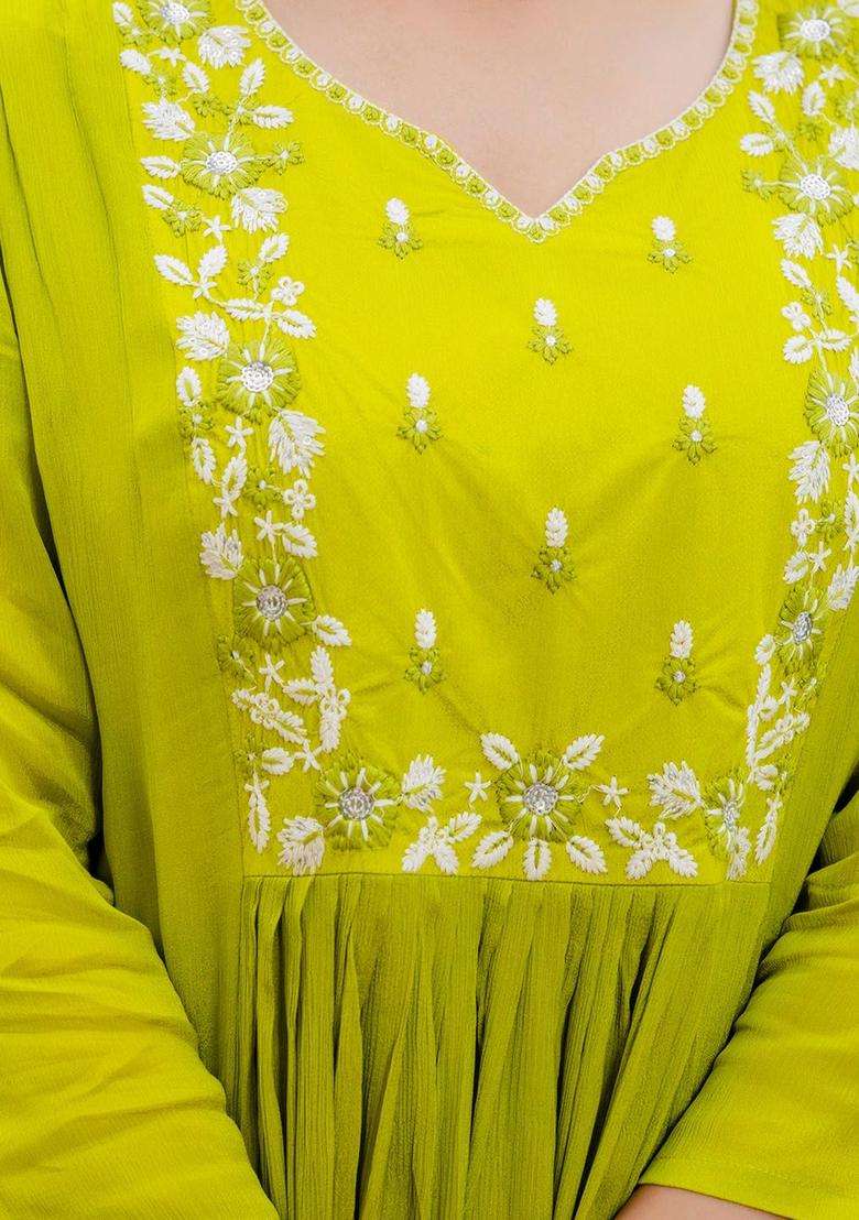 Lime Green Embroidered Chinon Kurta Set - Indya