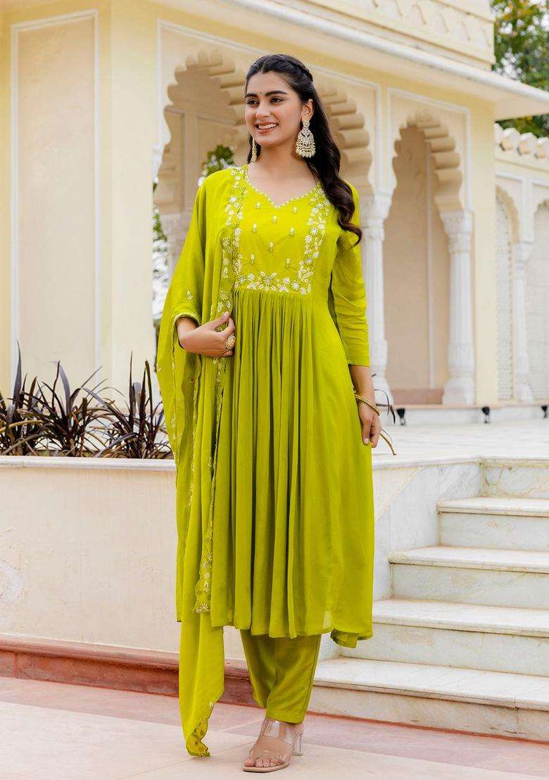Lime Green Embroidered Chinon Kurta Set - Indya