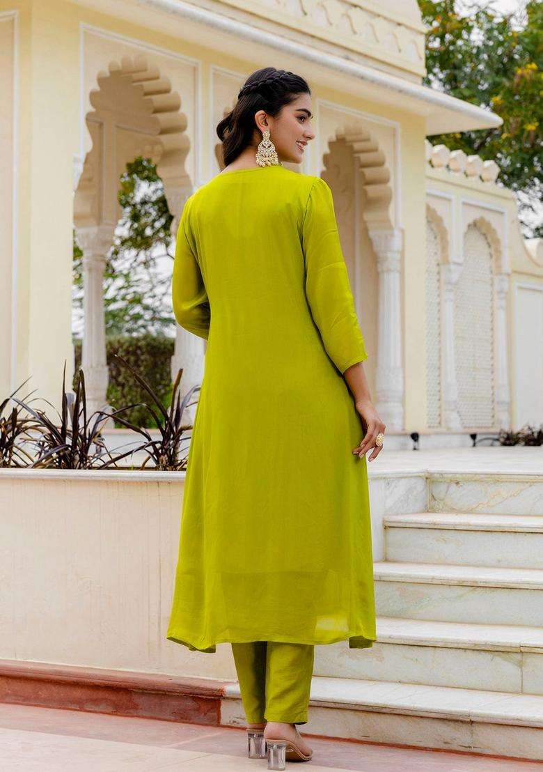 Lime Green Embroidered Chinon Kurta Set - Indya