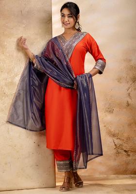 Peach Embroidered Viscose Kurta Set