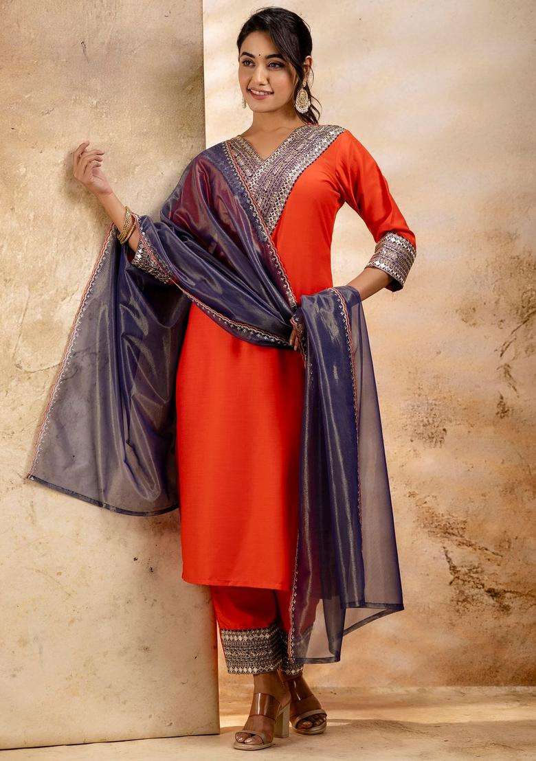 Peach Embroidered Viscose Kurta Set - Indya