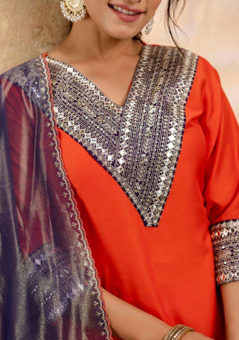 Peach Embroidered Viscose Kurta Set - Indya