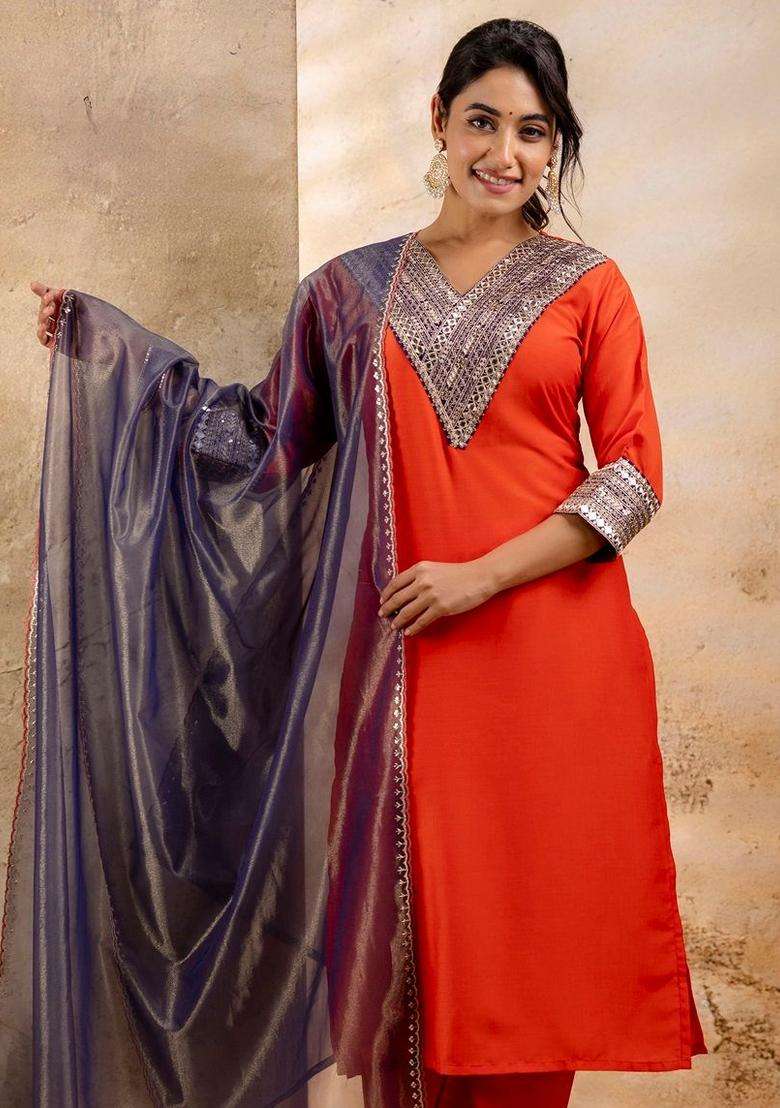 Peach Embroidered Viscose Kurta Set - Indya