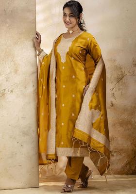 Yellow Woven Design Cotton Kurta Set