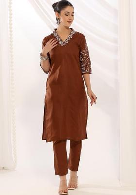 Brown Embroidered Cotton Kurta Set