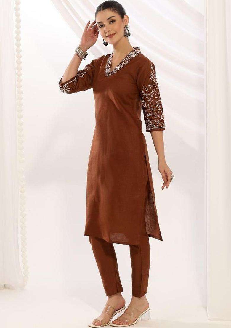Brown Embroidered Cotton Kurta Set - Indya