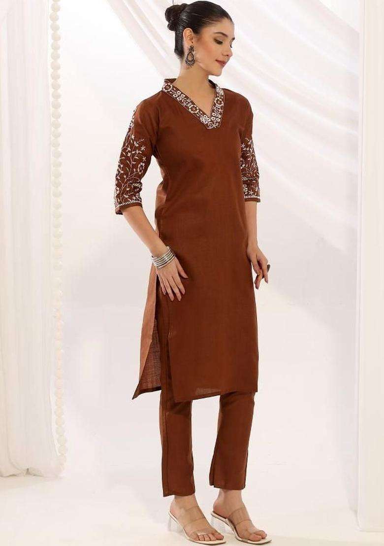 Brown Embroidered Cotton Kurta Set - Indya