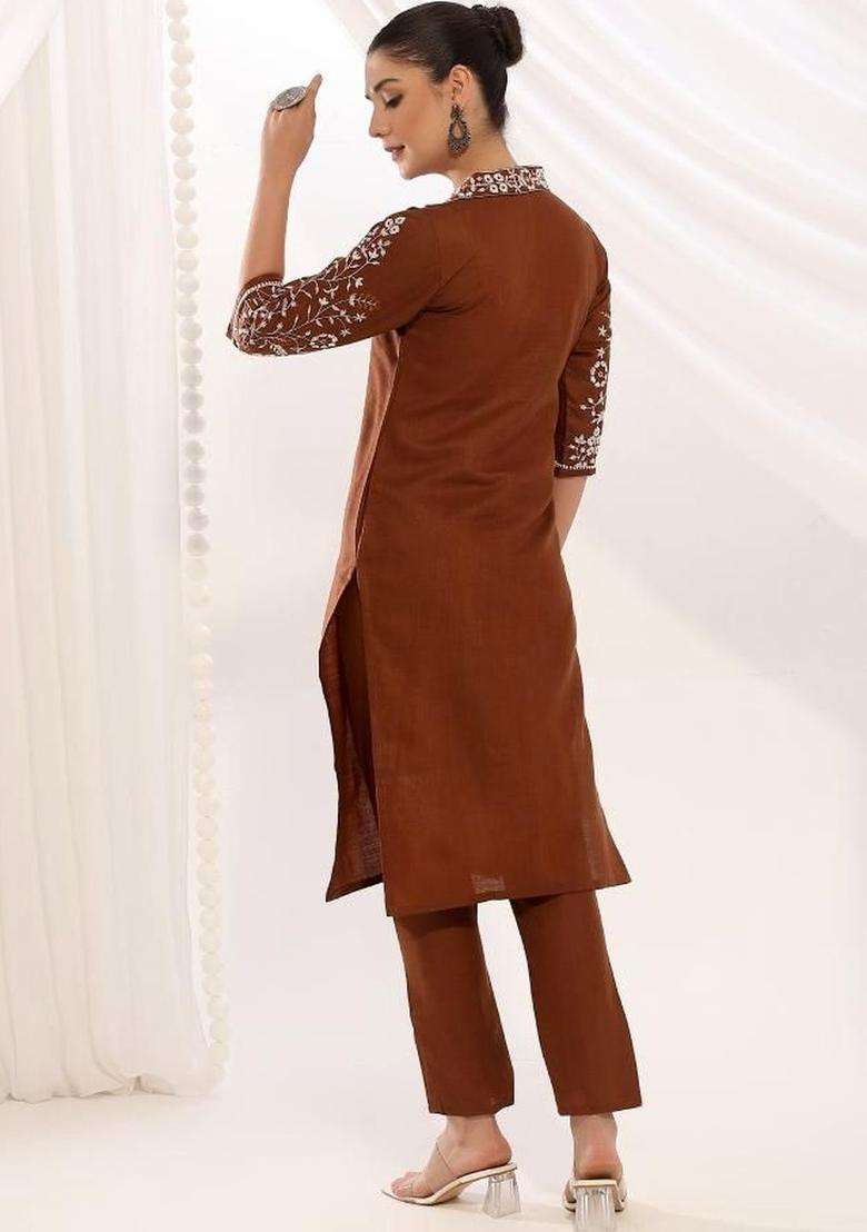 Brown Embroidered Cotton Kurta Set - Indya