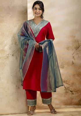 Red Embroidered Viscose Kurta Set