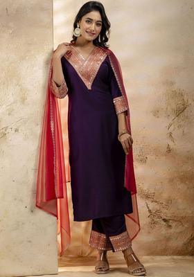 Purple Yoke Design Viscose Kurta Set