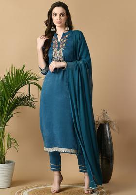 Blue Embroidered Velvet Kurta Set
