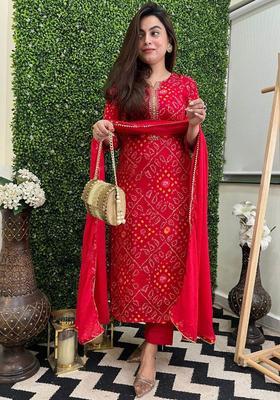 Red Printed Viscose Kurta Set